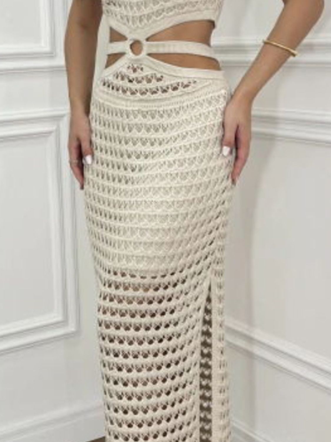 Cutout Slit Round Neck Sweater Dress.