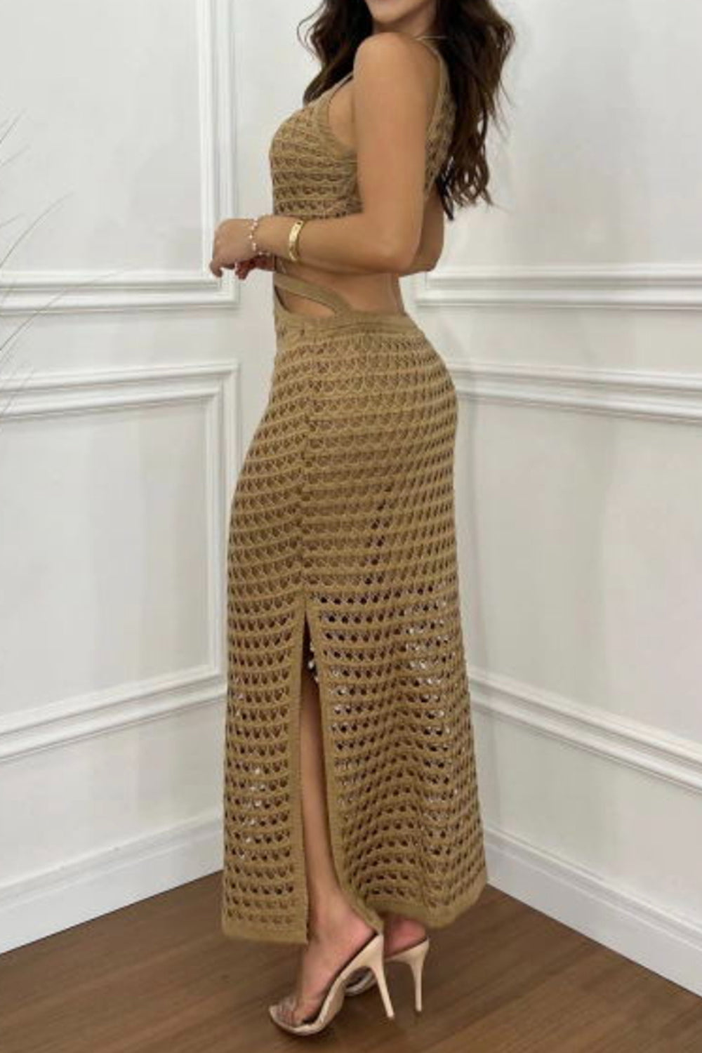 Cutout Slit Round Neck Sweater Dress.