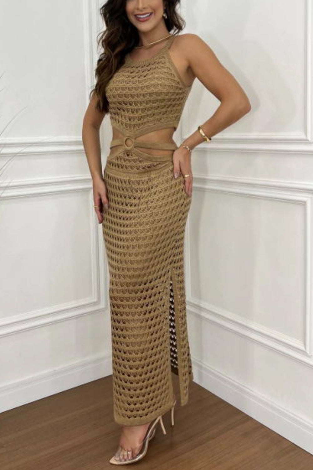 Cutout Slit Round Neck Sweater Dress.