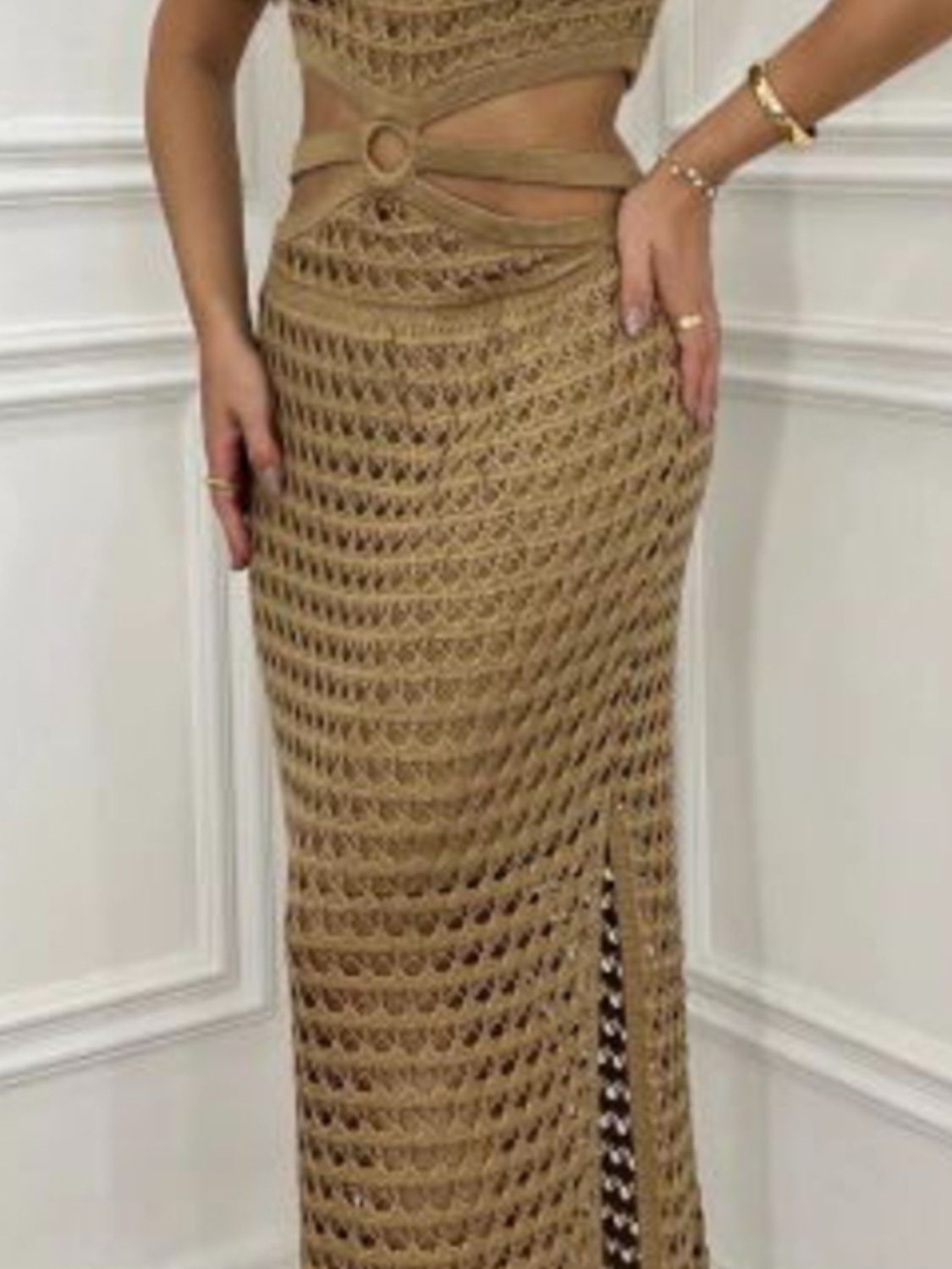 Cutout Slit Round Neck Sweater Dress.