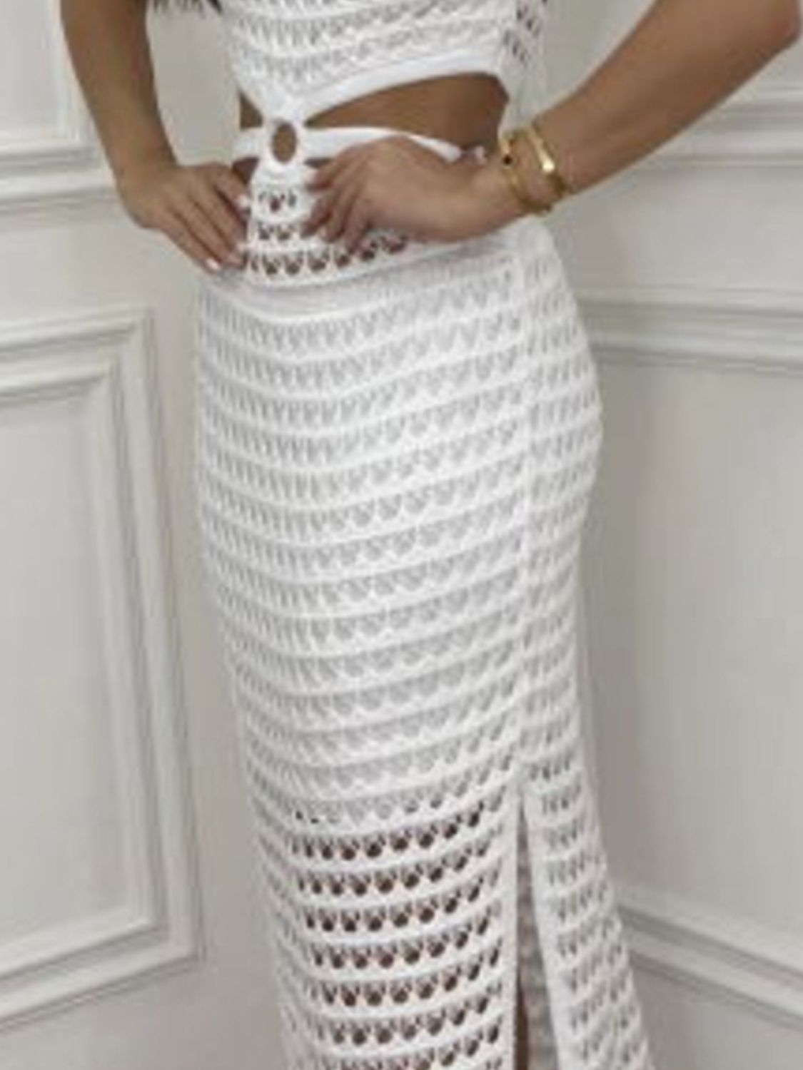 Cutout Slit Round Neck Sweater Dress.