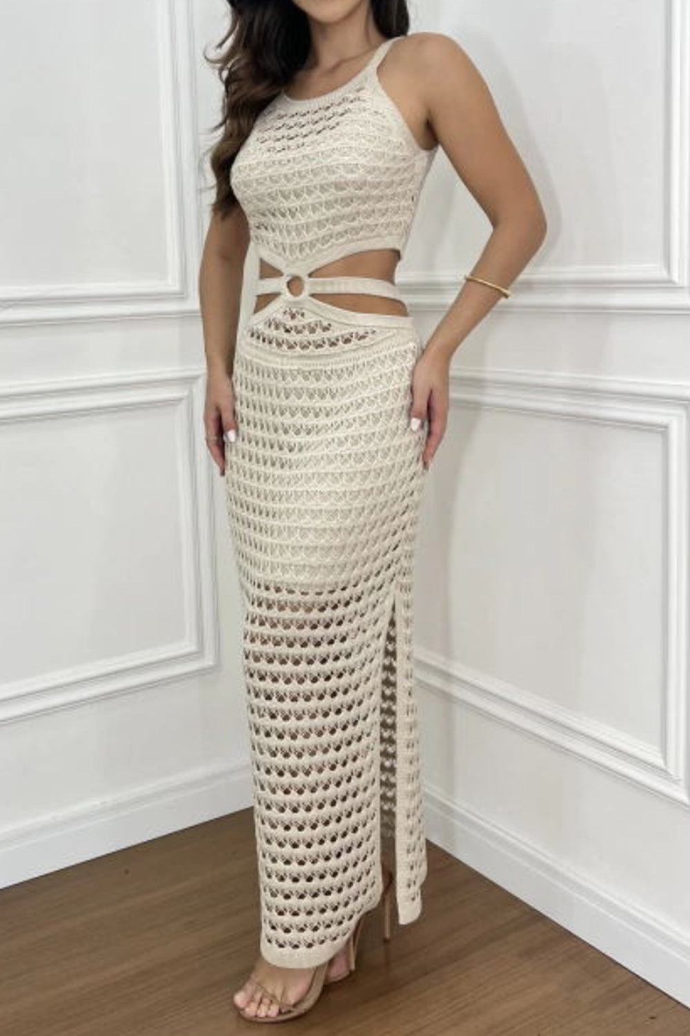 Cutout Slit Round Neck Sweater Dress.