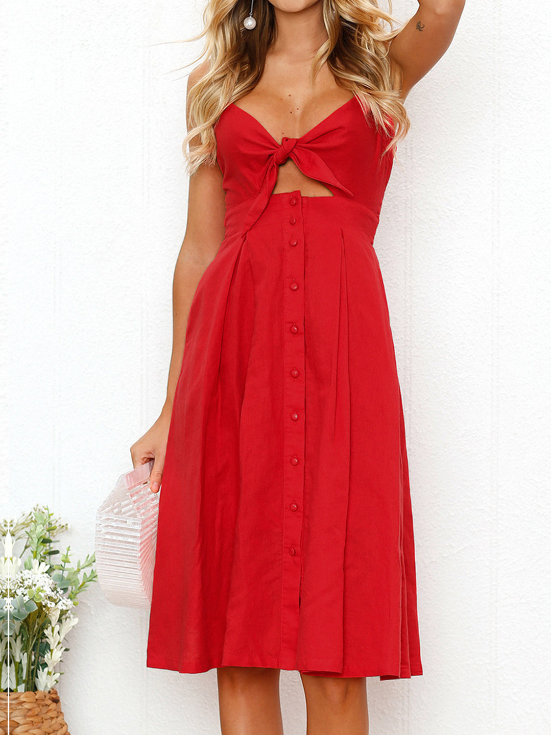 Cutout Smocked Sweetheart Neck Cami Dress with Tied and Decorative Button Details.