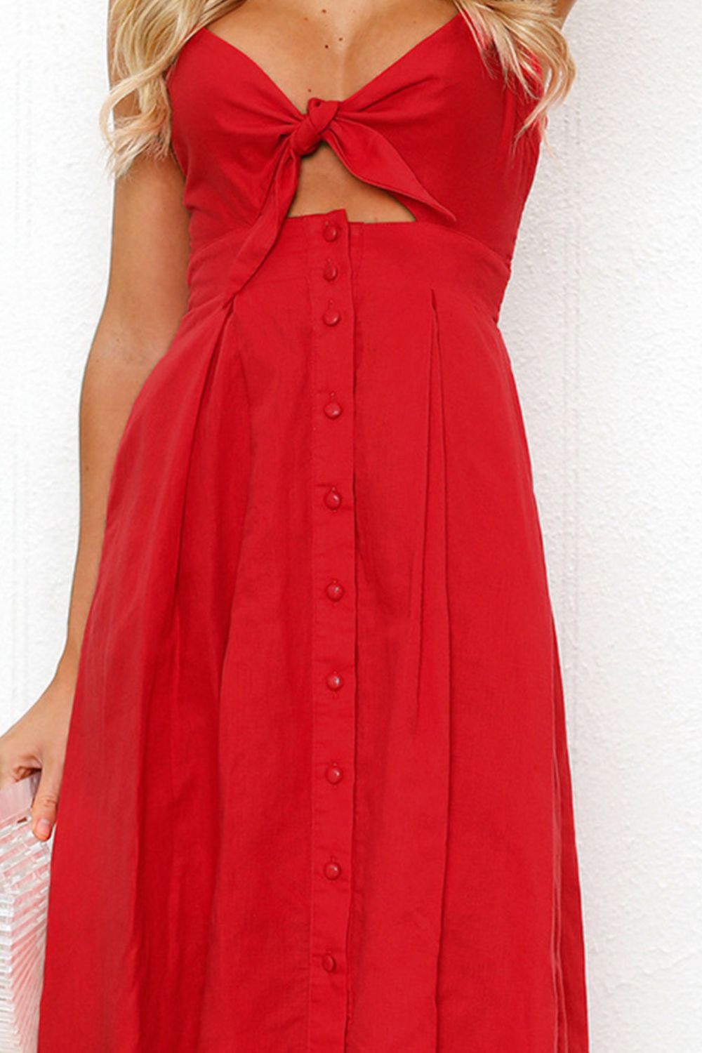 Cutout Smocked Sweetheart Neck Cami Dress with Tied and Decorative Button Details.