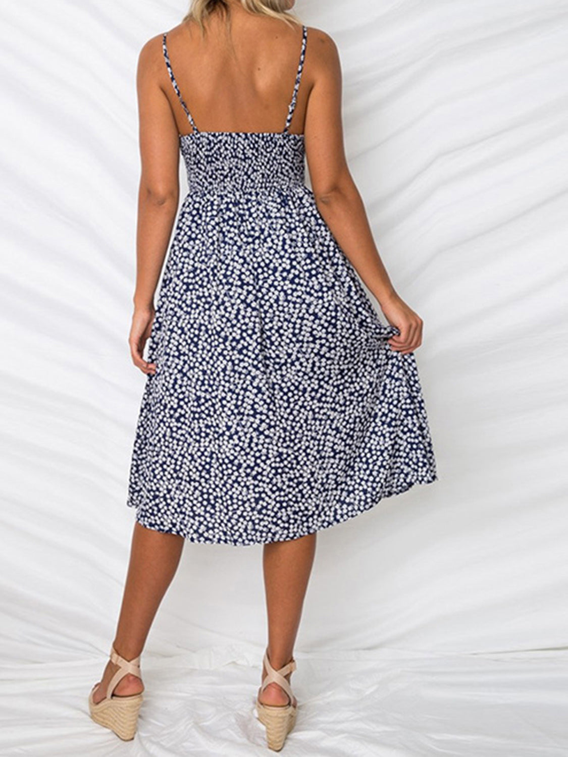 Cutout Smocked Sweetheart Neck Cami Dress with Tied and Decorative Button Details.