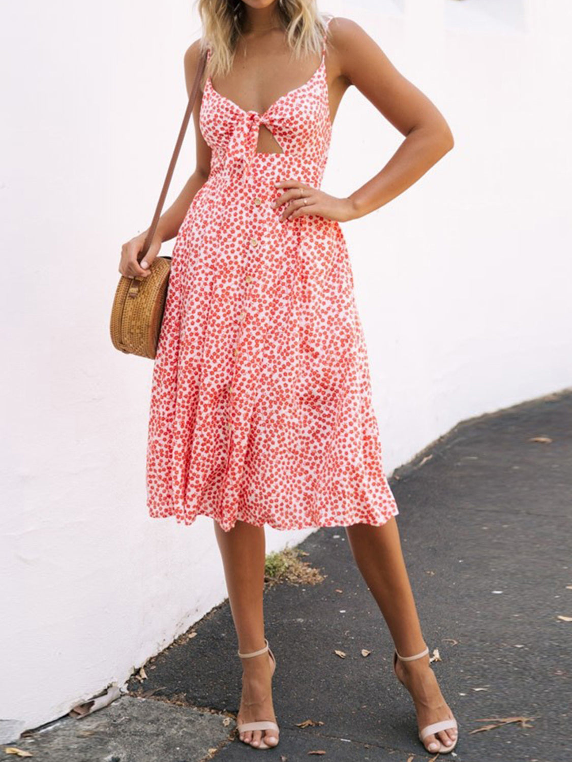 Cutout Smocked Sweetheart Neck Cami Dress with Tied and Decorative Button Details.