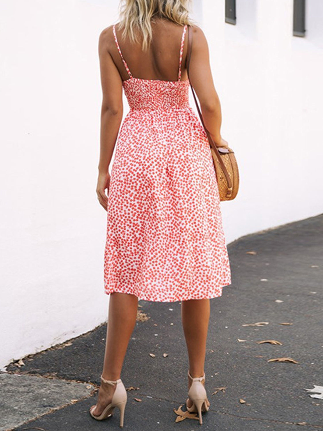 Cutout Smocked Sweetheart Neck Cami Dress with Tied and Decorative Button Details.