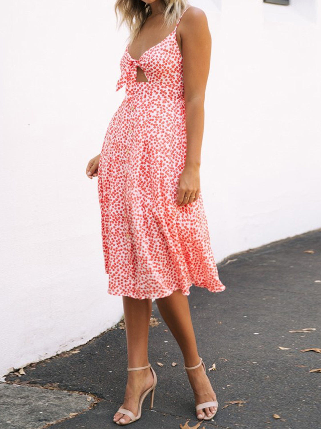 Cutout Smocked Sweetheart Neck Cami Dress with Tied and Decorative Button Details.