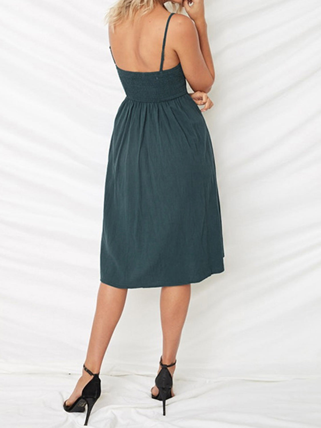 Cutout Smocked Sweetheart Neck Cami Dress with Tied and Decorative Button Details.