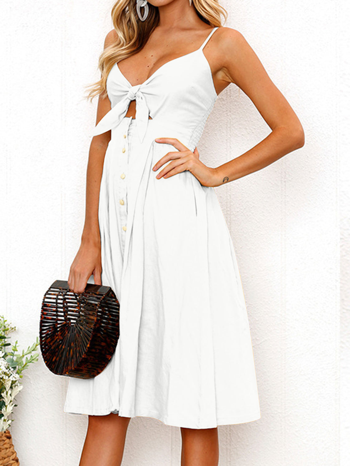 Cutout Smocked Sweetheart Neck Cami Dress with Tied and Decorative Button Details.