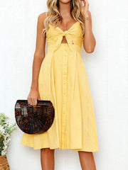 Cutout Smocked Sweetheart Neck Cami Dress with Tied and Decorative Button Details.