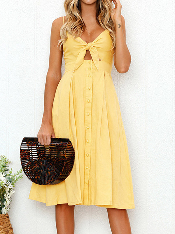 Cutout Smocked Sweetheart Neck Cami Dress with Tied and Decorative Button Details.
