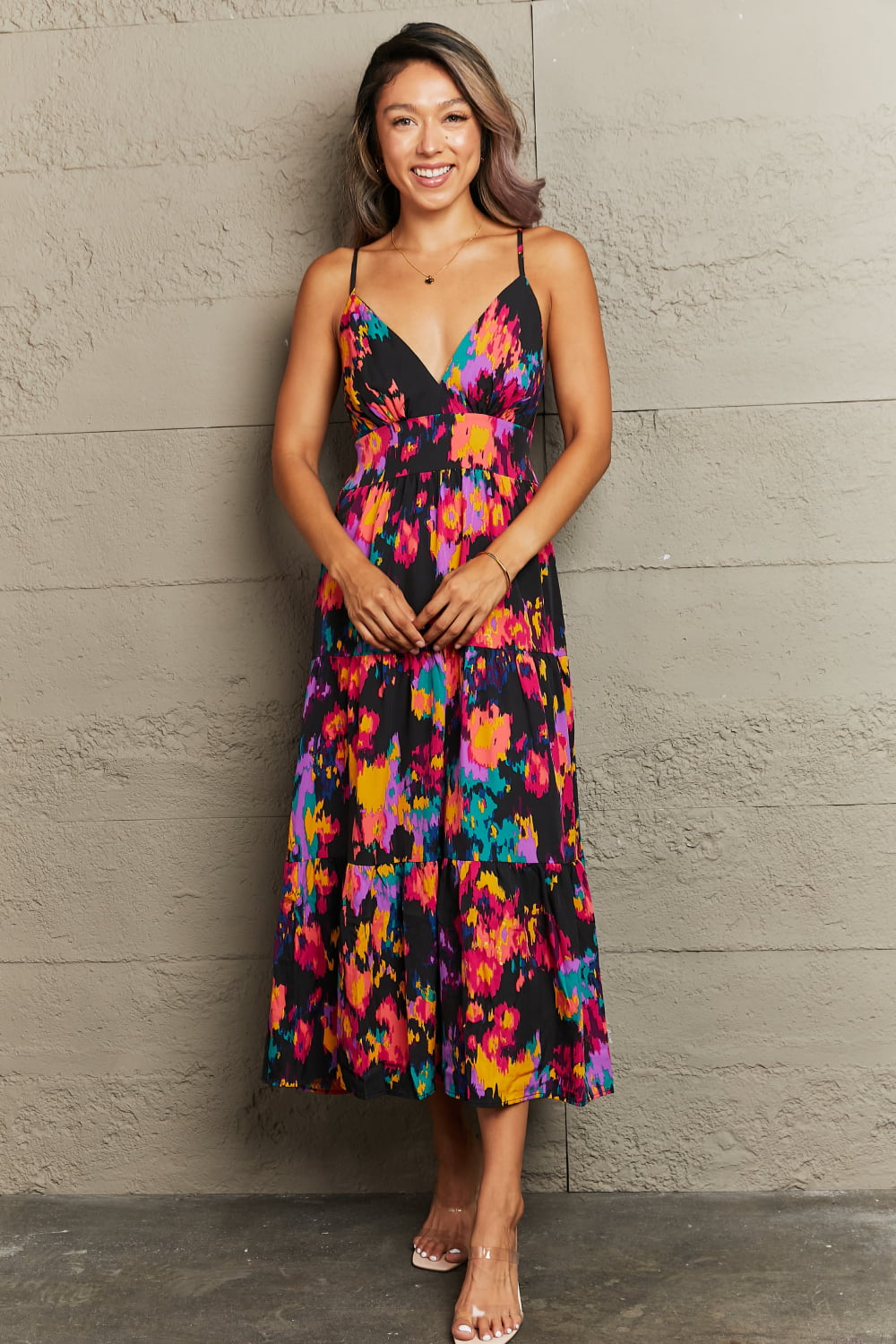 Perfee Cutout Spaghetti Strap Tiered Dress.