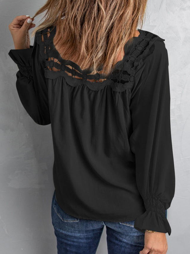 Cutout square neck long sleeve blouse with lace detail.