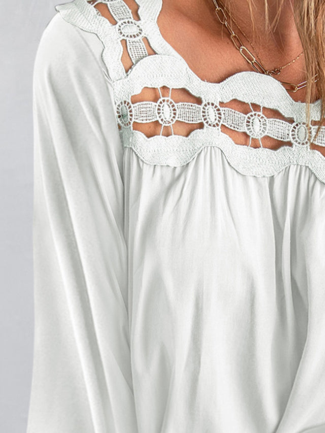 Cutout square neck long sleeve blouse with lace detail.