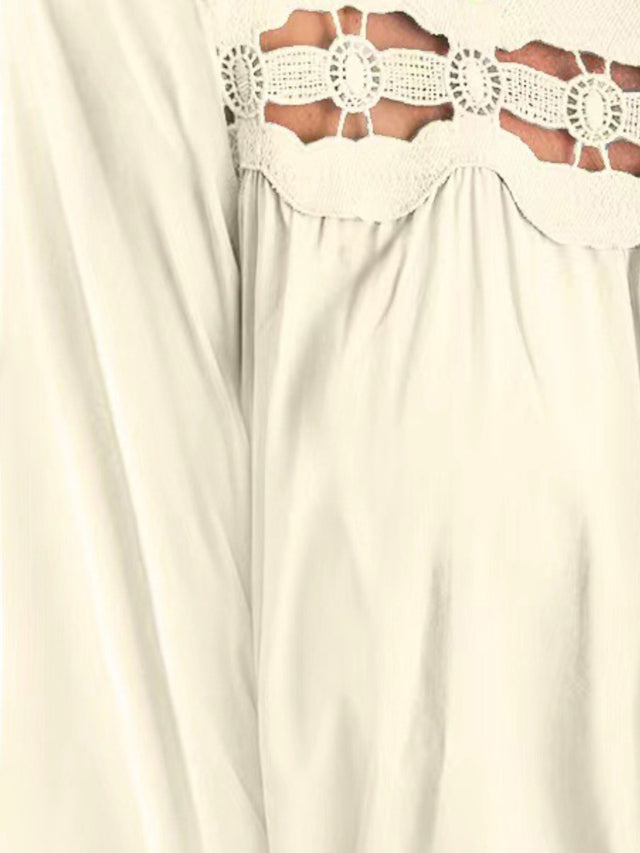 Cutout square neck long sleeve blouse with lace detail.
