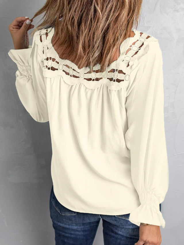 Cutout square neck long sleeve blouse with lace detail.