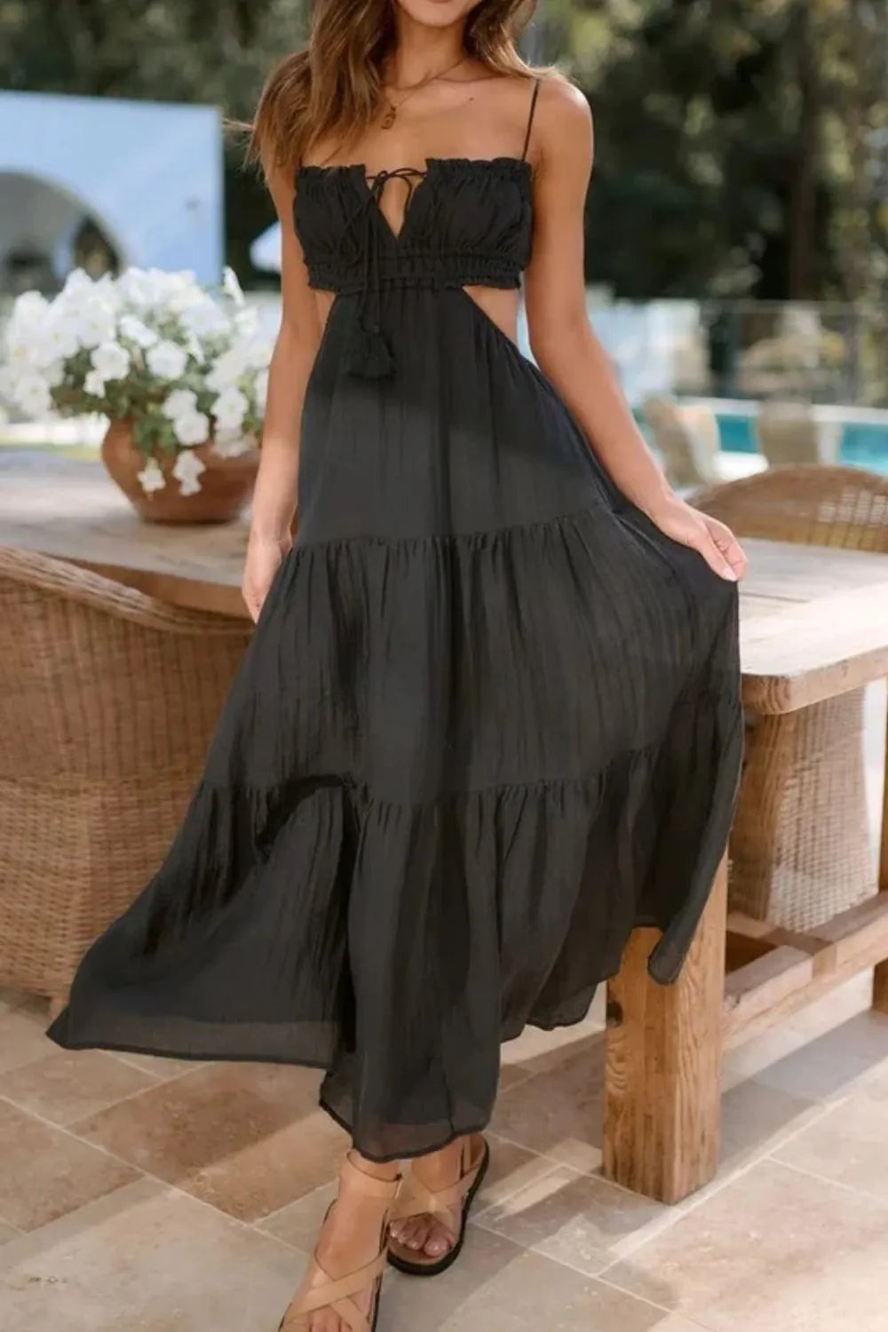 Cutout Square Neck Midi Cami Dress with Tied, Ruched, and Backless Details.