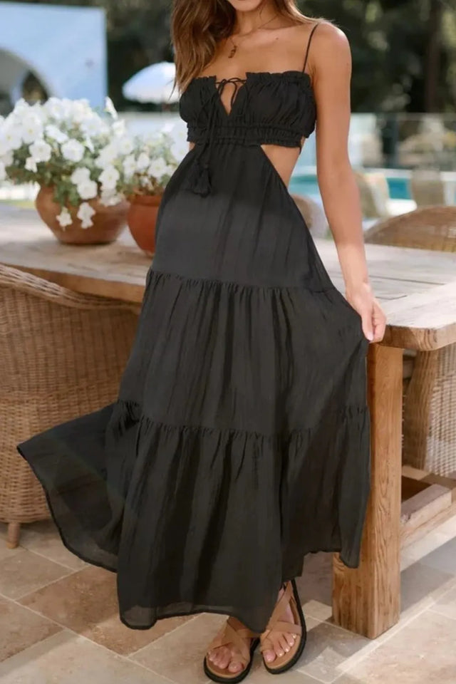 Cutout Square Neck Midi Cami Dress with Tied, Ruched, and Backless Details.