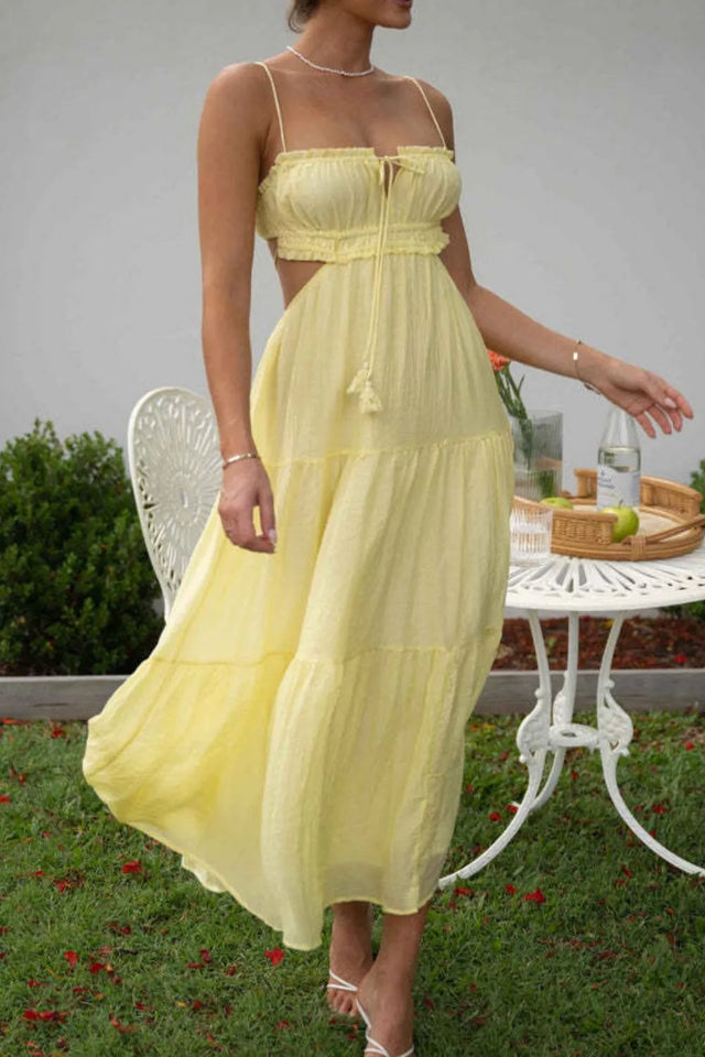 Cutout Square Neck Midi Cami Dress with Tied, Ruched, and Backless Details.