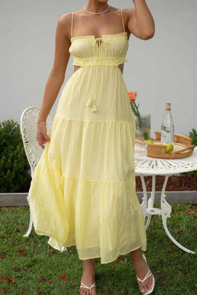 Cutout Square Neck Midi Cami Dress with Tied, Ruched, and Backless Details.