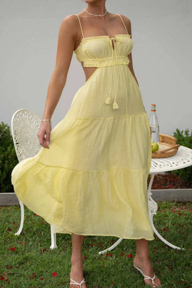 Cutout Square Neck Midi Cami Dress with Tied, Ruched, and Backless Details.