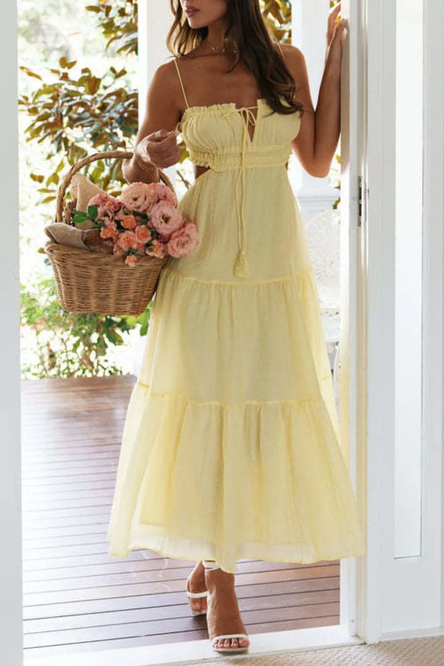 Cutout Square Neck Midi Cami Dress with Tied, Ruched, and Backless Details.