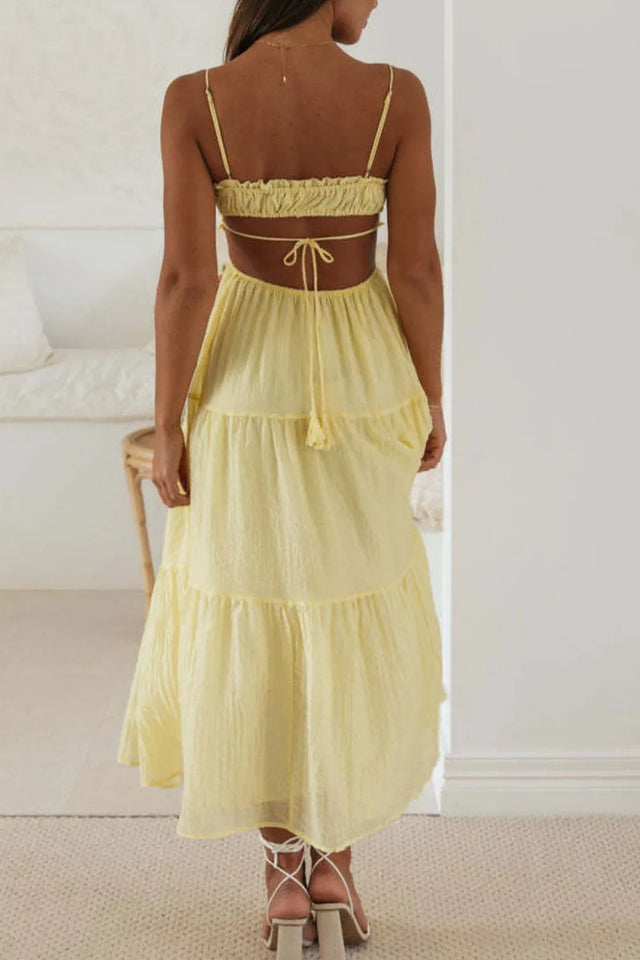Cutout Square Neck Midi Cami Dress with Tied, Ruched, and Backless Details.