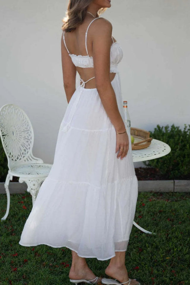 Cutout Square Neck Midi Cami Dress with Tied, Ruched, and Backless Details.