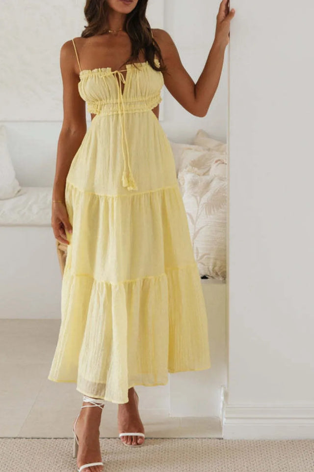 Cutout Square Neck Midi Cami Dress with Tied, Ruched, and Backless Details.