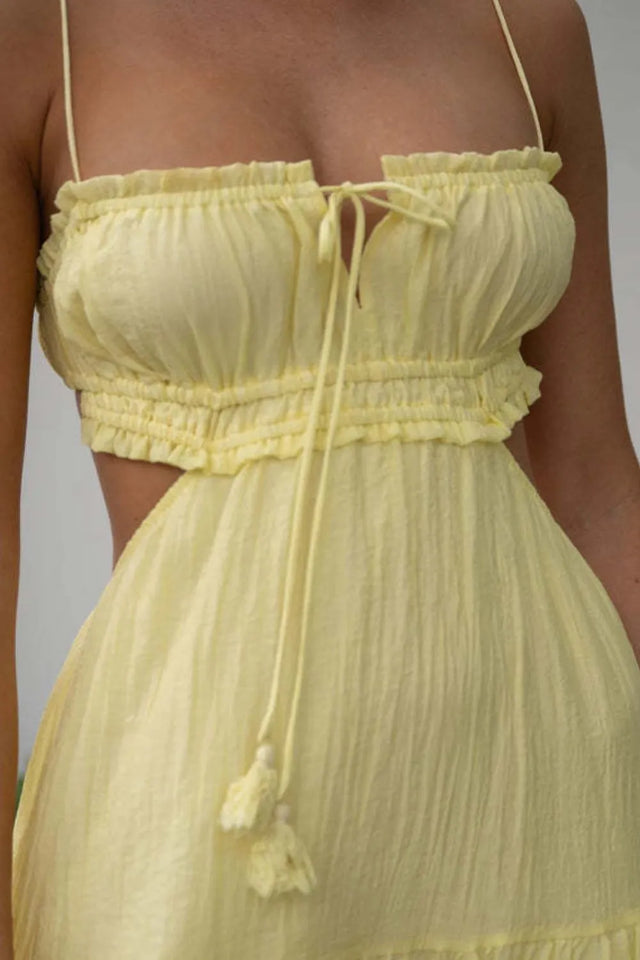 Cutout Square Neck Midi Cami Dress with Tied, Ruched, and Backless Details.