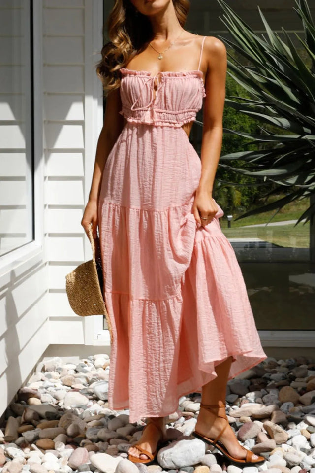 Cutout Square Neck Midi Cami Dress with Tied, Ruched, and Backless Details.