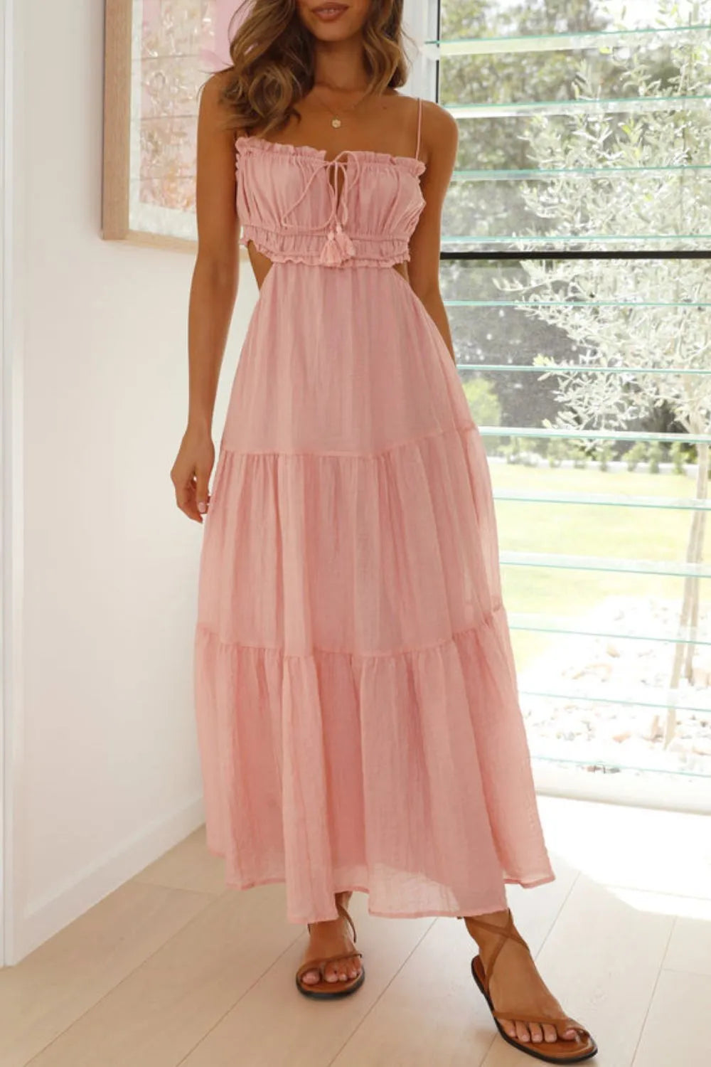 Cutout Square Neck Midi Cami Dress with Tied, Ruched, and Backless Details.