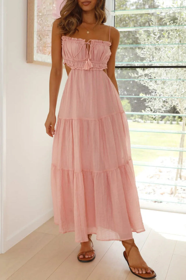 Cutout Square Neck Midi Cami Dress with Tied, Ruched, and Backless Details.