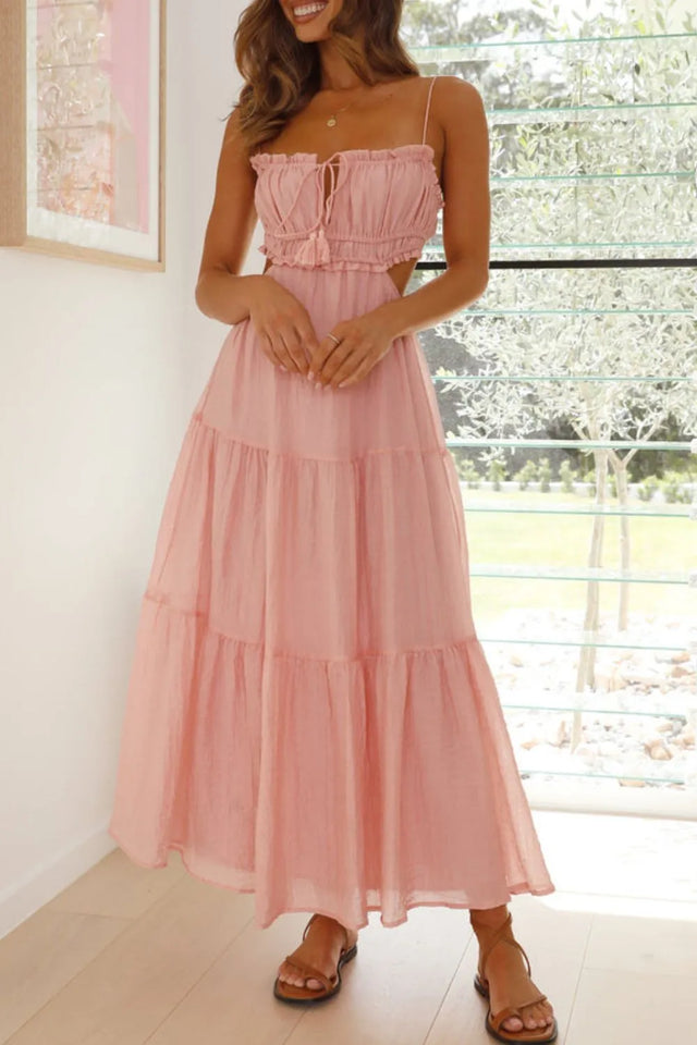Cutout Square Neck Midi Cami Dress with Tied, Ruched, and Backless Details.