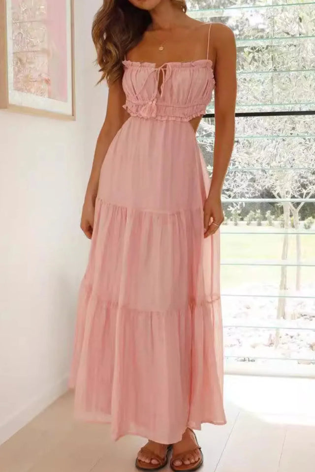 Cutout Square Neck Midi Cami Dress with Tied, Ruched, and Backless Details.