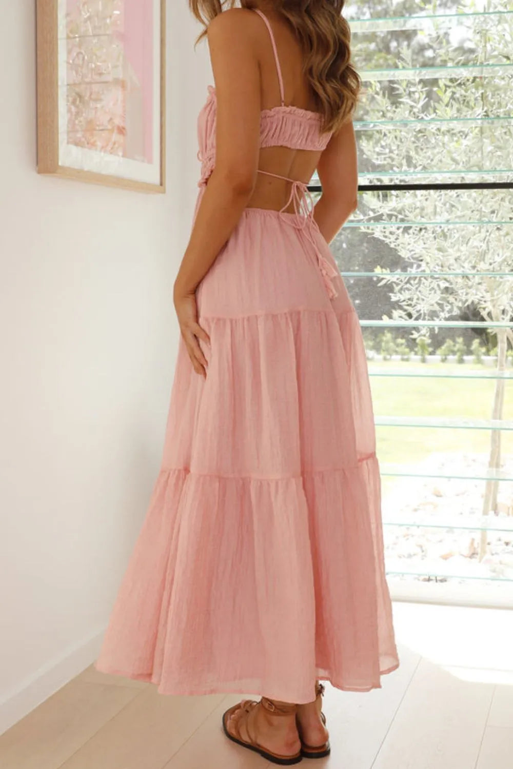 Cutout Square Neck Midi Cami Dress with Tied, Ruched, and Backless Details.