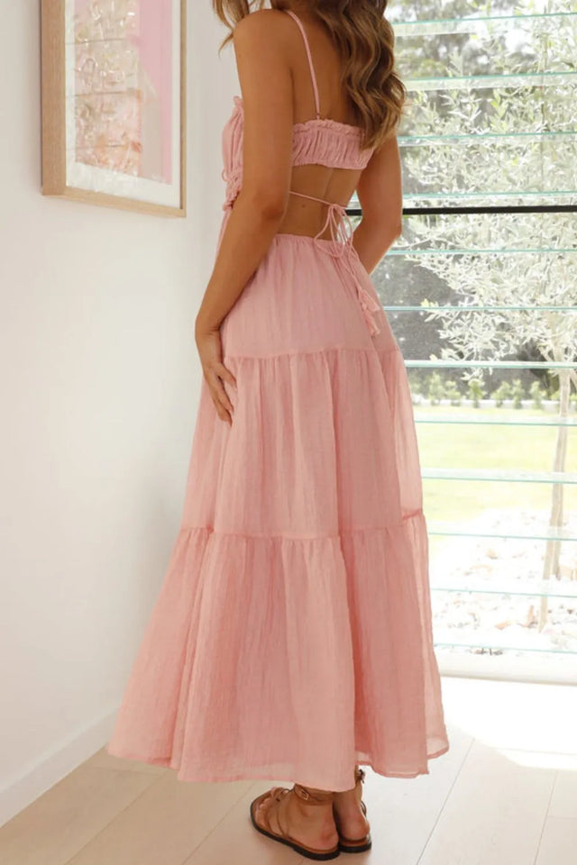 Cutout Square Neck Midi Cami Dress with Tied, Ruched, and Backless Details.