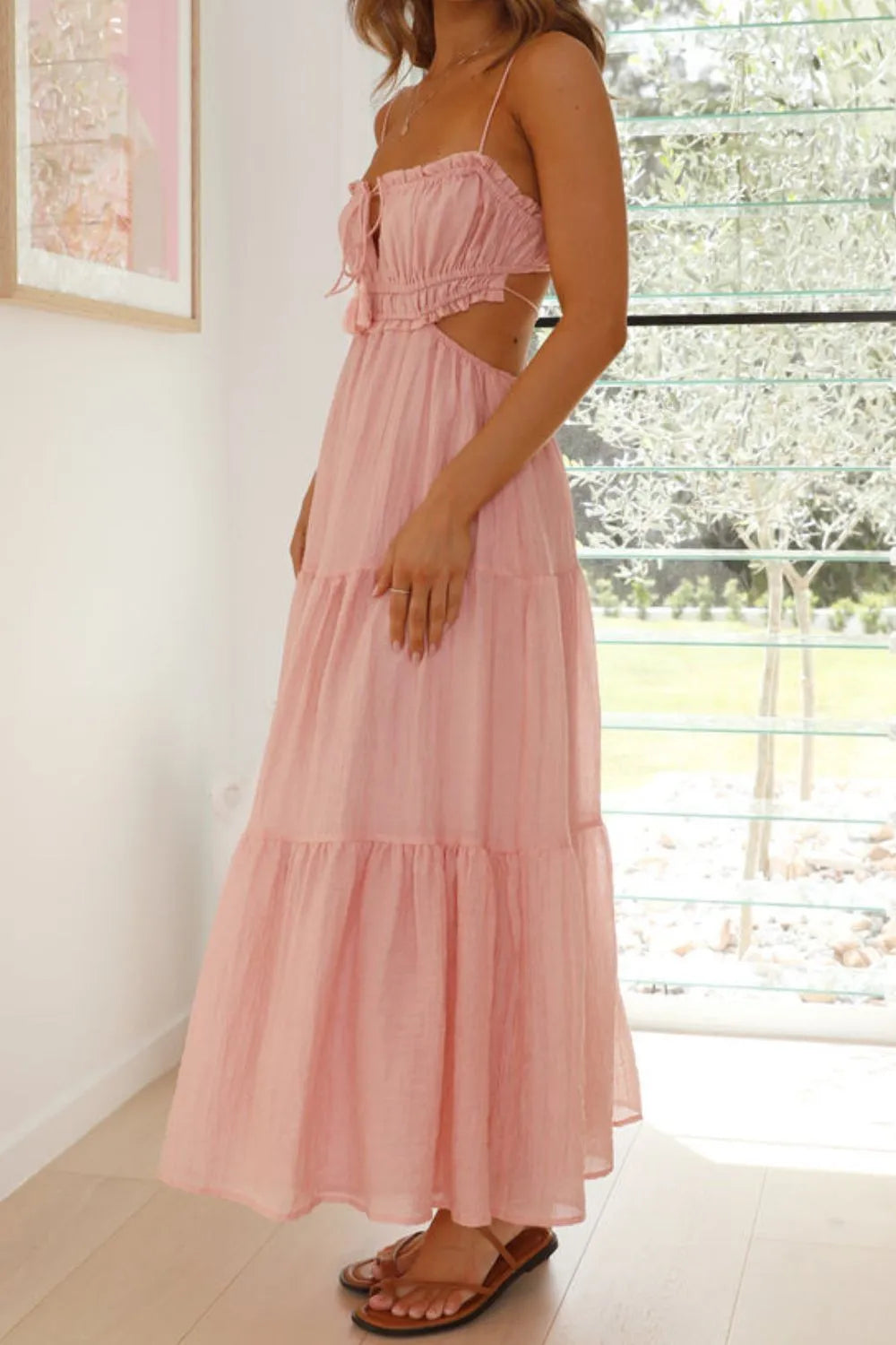 Cutout Square Neck Midi Cami Dress with Tied, Ruched, and Backless Details.