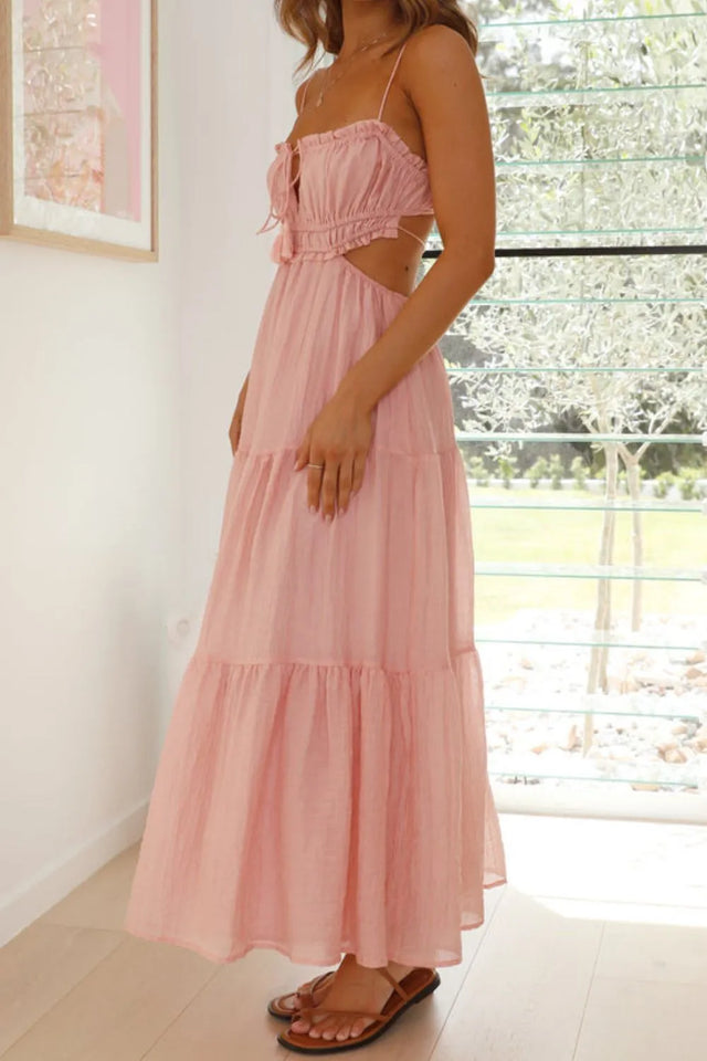 Cutout Square Neck Midi Cami Dress with Tied, Ruched, and Backless Details.