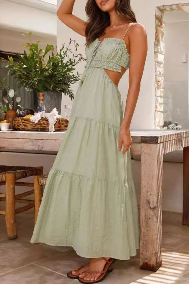 Cutout Square Neck Midi Cami Dress with Tied, Ruched, and Backless Details.