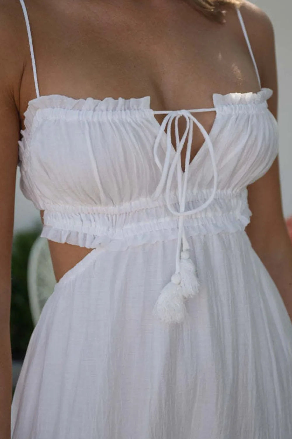 Cutout Square Neck Midi Cami Dress with Tied, Ruched, and Backless Details.