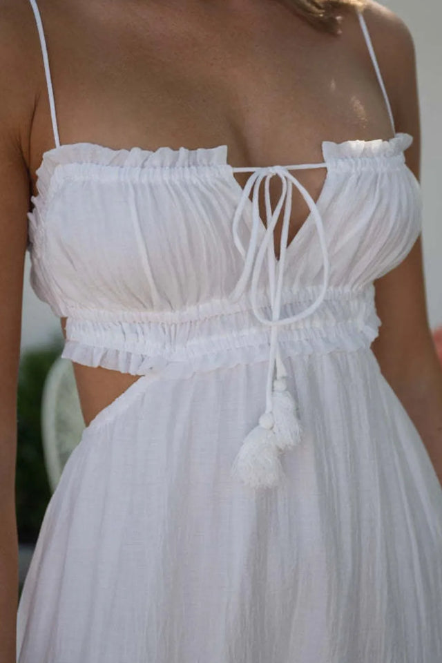 Cutout Square Neck Midi Cami Dress with Tied, Ruched, and Backless Details.