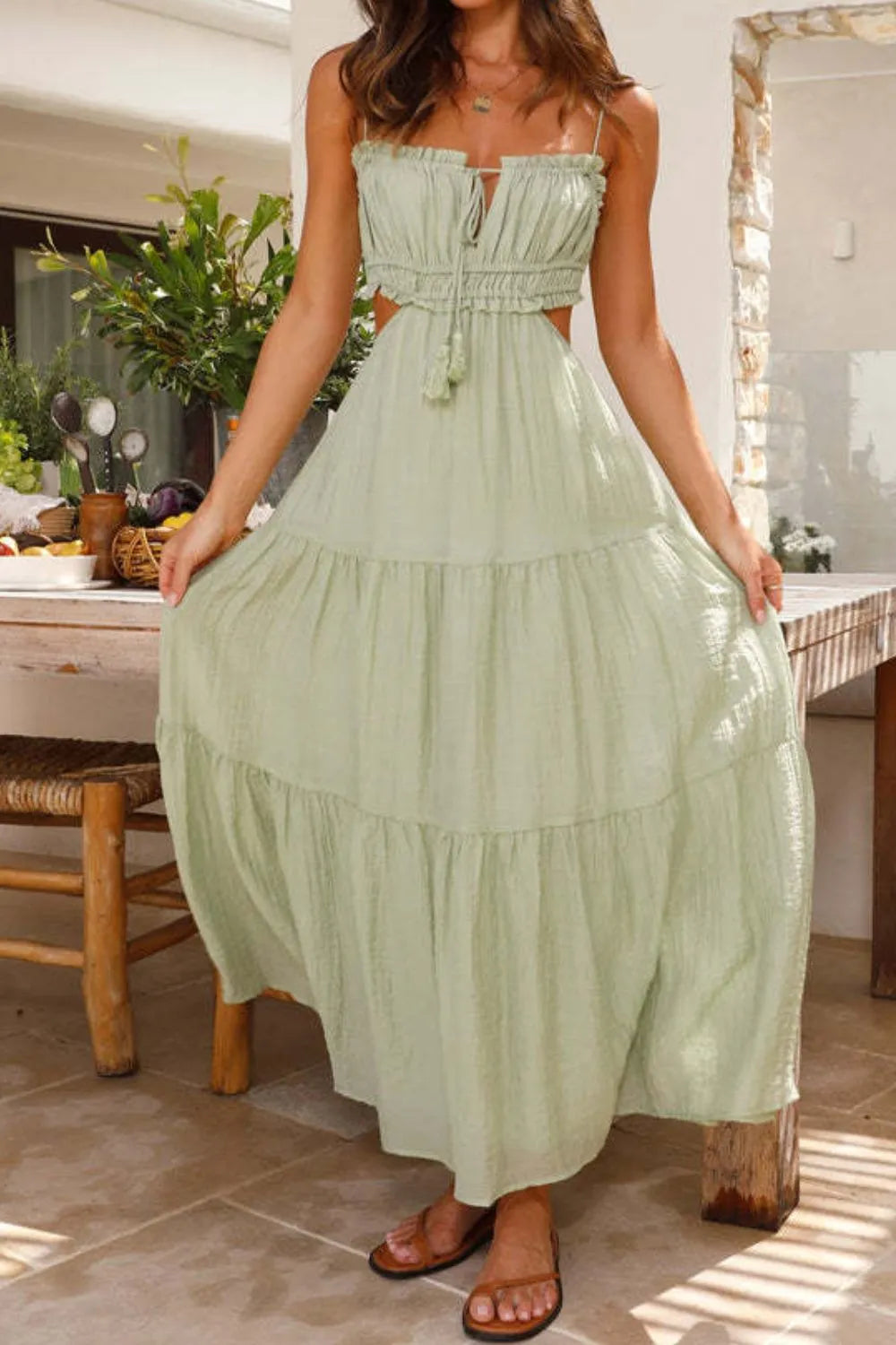 Cutout Square Neck Midi Cami Dress with Tied, Ruched, and Backless Details.