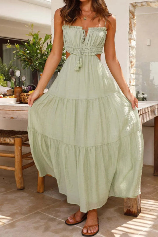 Cutout Square Neck Midi Cami Dress with Tied, Ruched, and Backless Details.