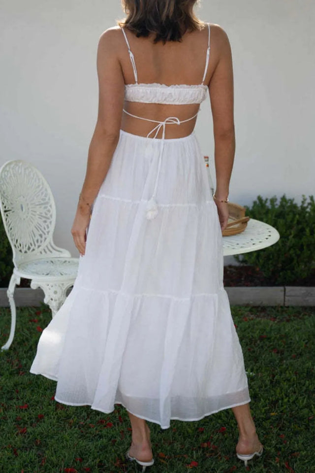 Cutout Square Neck Midi Cami Dress with Tied, Ruched, and Backless Details.
