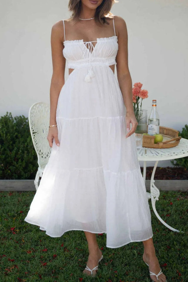 Cutout Square Neck Midi Cami Dress with Tied, Ruched, and Backless Details.