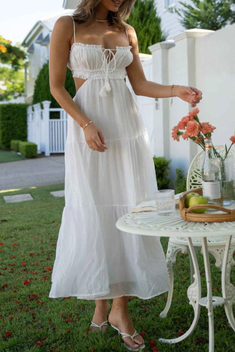 Cutout Square Neck Midi Cami Dress with Tied, Ruched, and Backless Details.