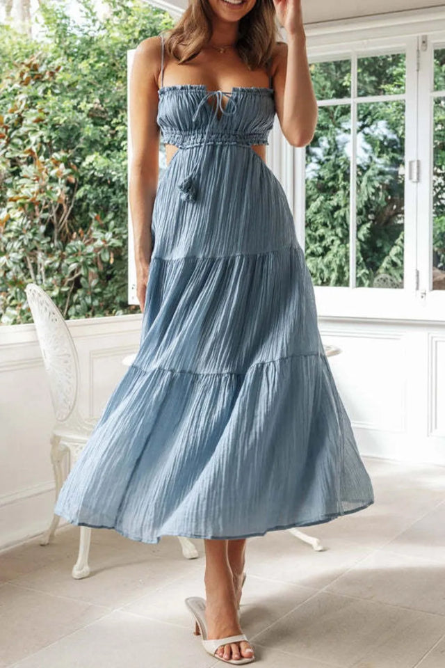 Cutout Square Neck Midi Cami Dress with Tied, Ruched, and Backless Details.