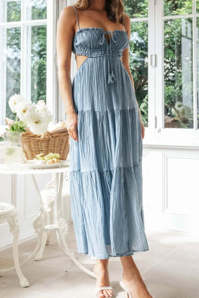 Cutout Square Neck Midi Cami Dress with Tied, Ruched, and Backless Details.